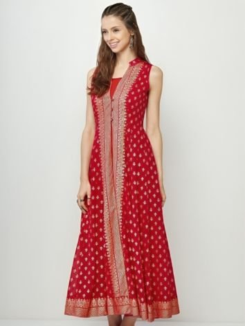 Red Designed Bordered Silk Kurtis