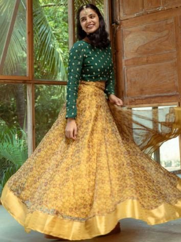 Flared Yellow Long Skirt and Crop Top